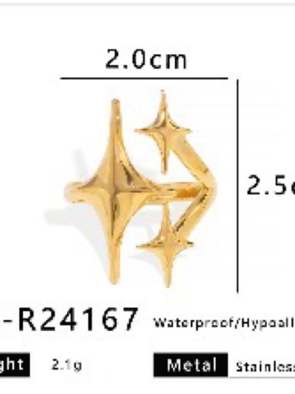 18k Gold plated Starburst adjustable Ring - Women's Jewelry